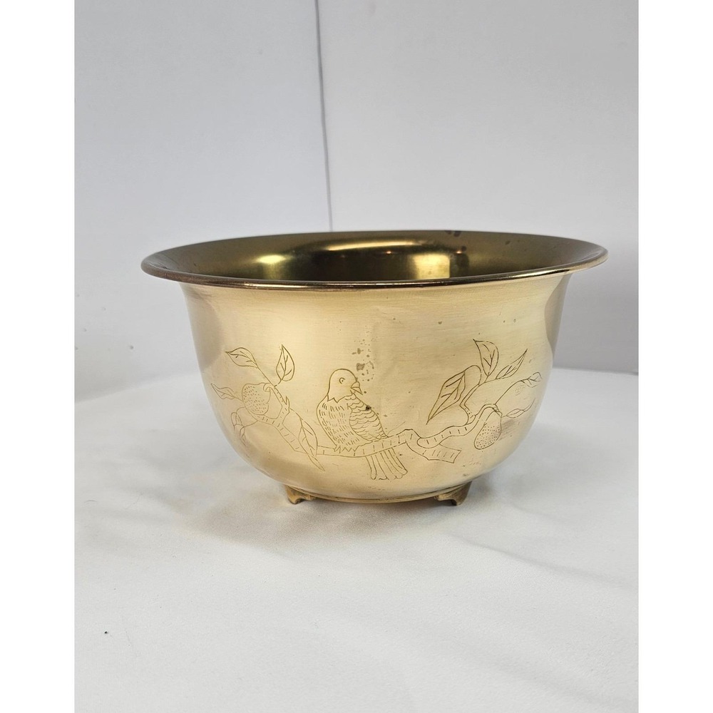 Vintage Brass Bowl Etched Bird Fruit Footed Planter Cachepot Hong Kong 7in Decor